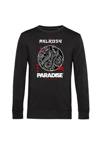 Černá mikina s dlouhým rukávem se středovým potiskem draka v bílé a červené barvě, s textem "MELROSE" a "PARADISE" nad a pod ním.