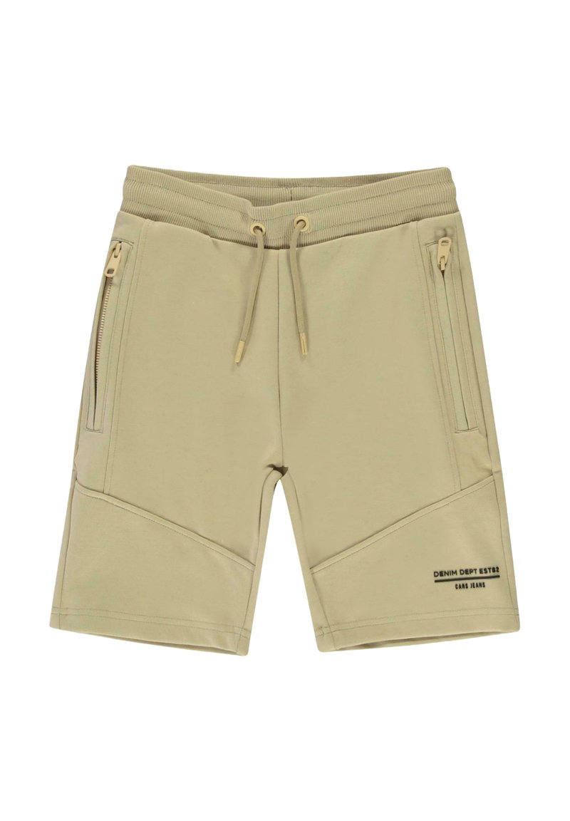 Beige shorts van zacht materiaal met een elastische tailleband, trekkoordsluiting en zijzakken met rits. Heeft schuin geplaatste naden.