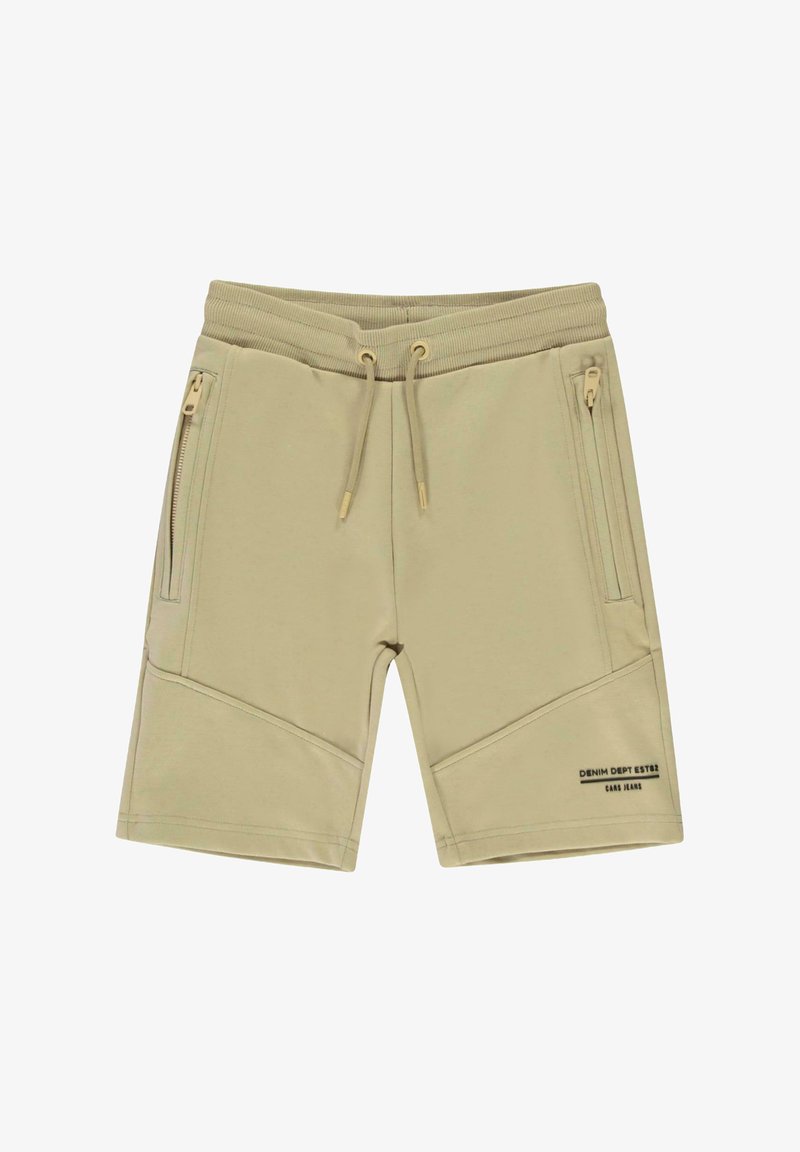 Beige shorts van zacht materiaal met een elastische tailleband, trekkoordsluiting en zijzakken met rits. Heeft schuin geplaatste naden.