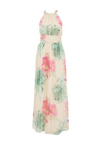 Robe maxi florale en crème avec des imprimés de fleurs surdimensionnées en rose et menthe. Elle présente un col halter, un corsage froncé et une jupe plissée et fluide.