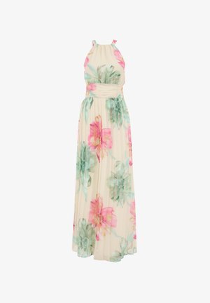 Floral maxi dress in cream with pink and teal oversized flower prints. Features a halter neckline, gathered bodice, and flowing pleated skirt.