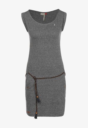 Szara, casualowa sukienka bez rękawów z okrągłym dekoltem i plecionym paskiem z frędzlami związanym w talii, z dwoma bocznymi kieszeniami.