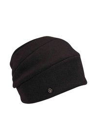 Caciula neagră din fleece cu un mic logo rotund argintiu pe tivul pliat, prezentată pe un fundal alb.