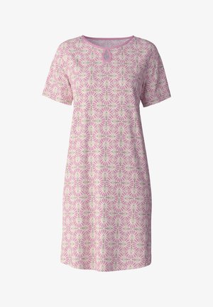 Korte mouw nachtjapon in lichtroze, met een bloemenpatroon van witte bloemblaadjes en groene accenten; keyhole halslijn detail.