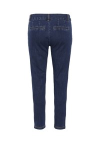 Jean en denim bleu foncé avec une coupe slim, dotés de deux poches arrière et d'une taille mi-haute. La texture est lisse avec des détails de couture subtils.