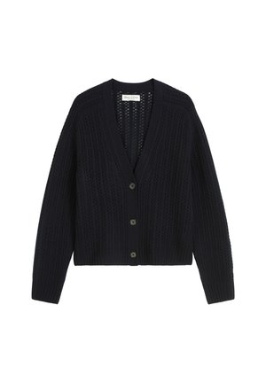 Cardigan en tricot bleu marine avec un col en V, texture côtelée, fermeture à boutons à l'avant et longues manches. Présente un design léger et respirant.