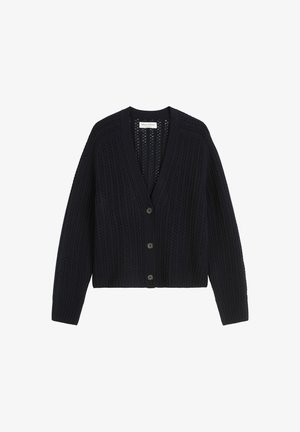 Marineblauwe gebreide cardigan met een V-hals, geribbelde textuur, knopen aan de voorkant en lange mouwen. Heeft een lichtgewicht, ademend ontwerp.