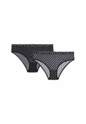 Deux paires de slips pour hommes, un uni gris foncé et un motif damier gris, tous deux avec une ceinture élastique noire portant l’étiquette G-STAR.