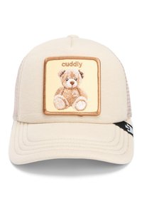 Gorra de camionero color marrón claro con un parche bordado marrón que presenta un oso de peluche. Parte trasera de malla, visera curva y un pequeño acento negro en el lado.