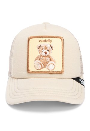 Gorra de camionero color marrón claro con un parche bordado marrón que presenta un oso de peluche. Parte trasera de malla, visera curva y un pequeño acento negro en el lado.