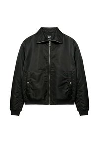 Blouson bomber noir avec fermeture éclair frontale, poches latérales à boutons-pression, poignets côtelés et col plié, présenté sur fond blanc.