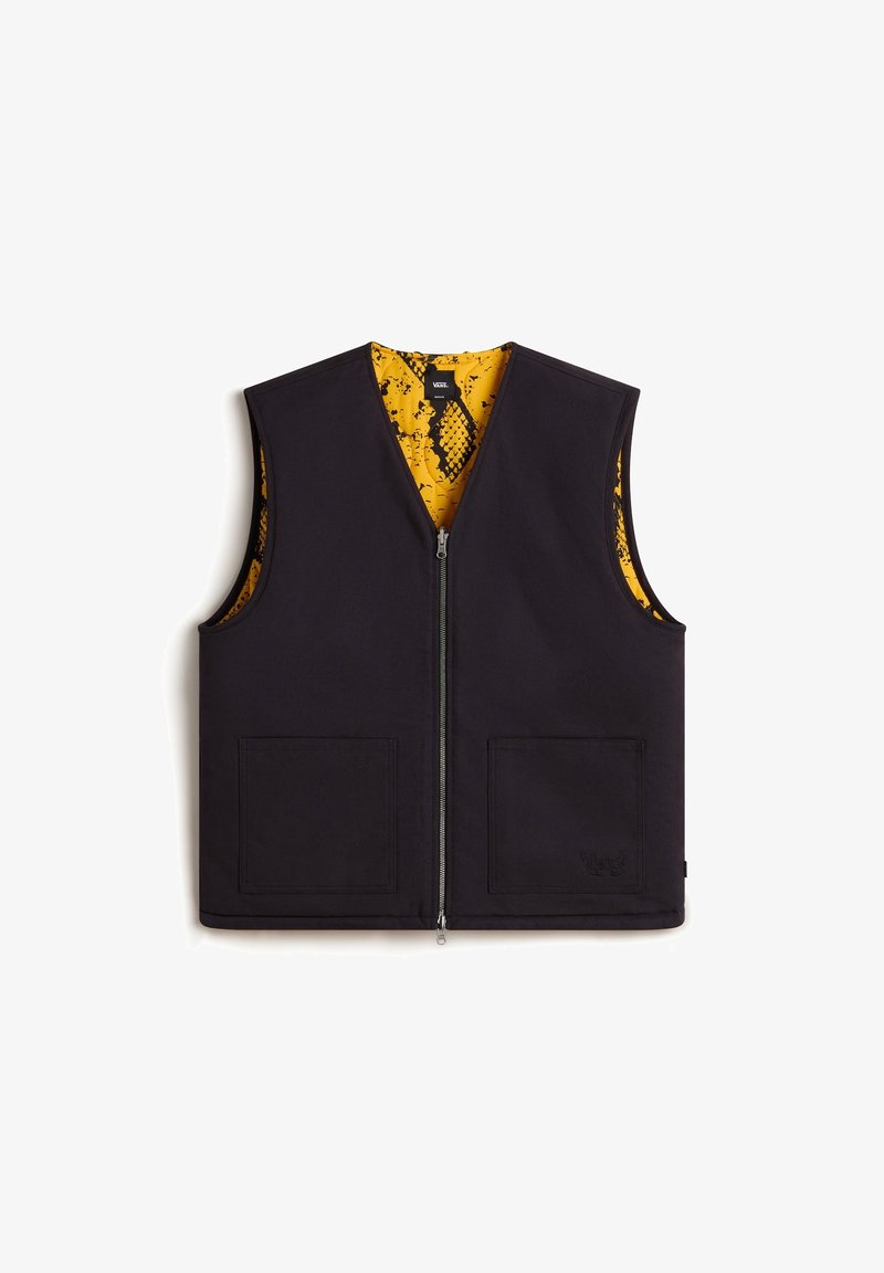 Veste noire sans manches zippée avec deux poches frontales et une doublure intérieure jaune avec un motif peau de serpent noir.