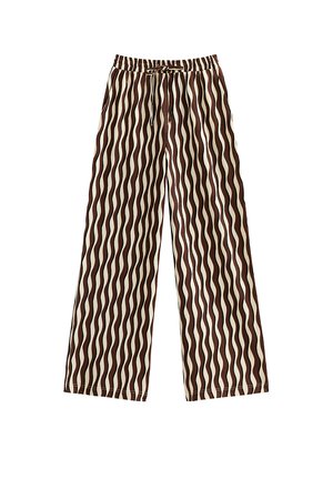 Pantalones de pierna ancha con rayas onduladas en tonos marrón y beige, con cintura elástica y cordón, sobre fondo blanco.