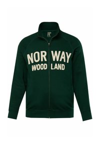 Green zip-up jacket made of cotton-blend fabric, featuring large white text "NORWAY WOOD LAND" on the front and ribbed cuffs and hem.