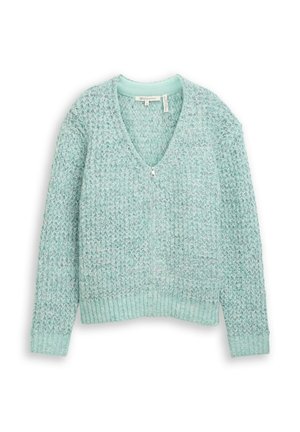 Knitted cardigan in light mint green, featuring a V-neck, zip closure, textured pattern, and ribbed hem and cuffs.