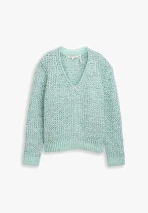 Strickjacke in hellem Mintgrün, mit V-Ausschnitt, Reißverschluss, strukturiertem Muster sowie geripptem Saum und Bündchen.