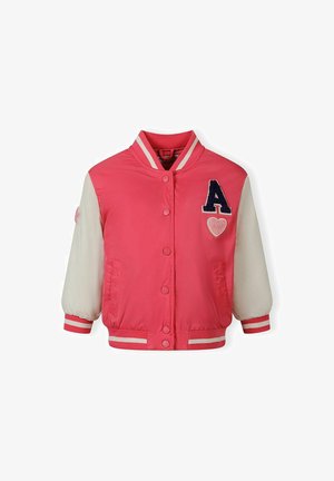 Detská bombera ružovej a bielej farby so zapínaním na cvoky, prúžkovanými manžetami a golierom, s námorníckou spleťou "A" a ružovou srdcovou nášivkou na prednej strane.