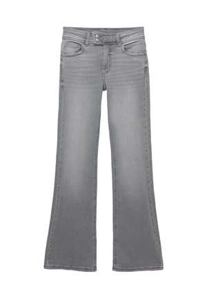 Jean grise évasée en denim. Présente une taille avec fermeture à bouton et à glissière, des poches avant et un dégradé subtil sur le tissu.