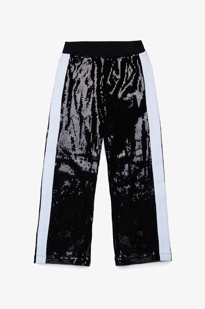 Pantalones de lentejuelas negros con pierna ancha, que presentan rayas laterales blancas. La tela tiene un aspecto brillante y texturizado creado por las lentejuelas.