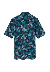 Korte mouwen overhemd in marineblauw, met een tropisch bladerenpatroon in groen en bruin. Gemaakt van zachte stof met een ontspannen pasvorm.