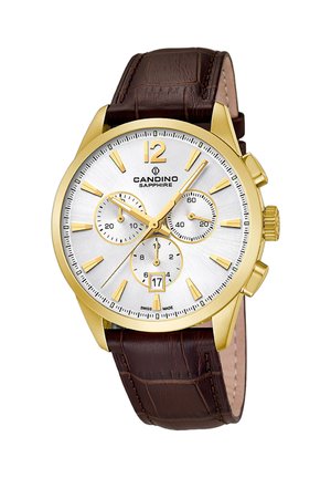 Montre-bracelet en or avec un cadran texturé argenté, sous-cadrans chronographe, affichage de la date et bracelet en cuir marron à motif crocodile.