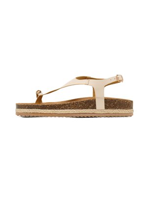 Sandali infradito in pelle beige con soletta in sughero, dettagli in juta testurizzata e cinturino alla caviglia regolabile. Suola in gomma con motivo zigzag.
