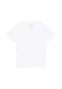 Tricou alb cu mânecă scurtă, cu guler rotund, fabricat dintr-un material de bumbac neted. Nu se observă grafică sau modele pe spate.