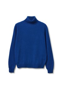 Blaues langärmliges Turtleneck-Pullover mit gerippten Bündchen und Taillenbund, flach auf einem weißen Hintergrund präsentiert.
