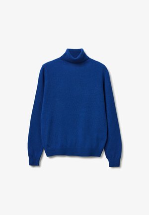 Blaues langärmliges Turtleneck-Pullover mit gerippten Bündchen und Taillenbund, flach auf einem weißen Hintergrund präsentiert.