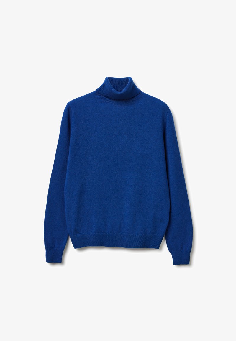 Blaues langärmliges Turtleneck-Pullover mit gerippten Bündchen und Taillenbund, flach auf einem weißen Hintergrund präsentiert.