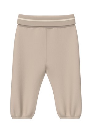 Beige gestrickte Babyhose mit elastischem Bund, der einen helleren Streifen zeigt, und elastischen Bündchen an den Knöcheln.