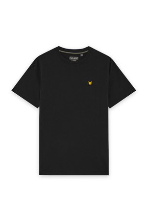 T-shirt nera a maniche corte con scollo tondo, piccolo logo giallo di un uccello sul petto sinistro e etichetta del marchio all’interno del colletto.