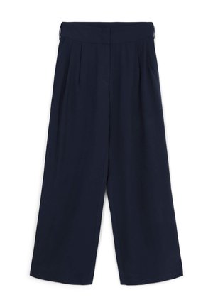 Pantaloni a gamba larga blu navy con vita alta, dotati di pieghe frontali, texture liscia e tasche laterali. Nessun abbellimento o motivo visibile.