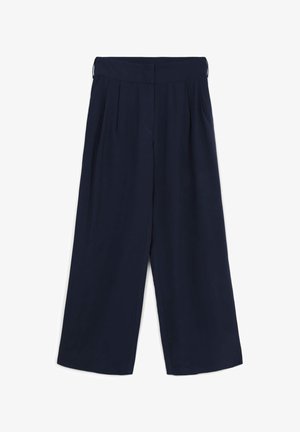 Pantalons larges navy à taille haute, avec des plis avant, une texture lisse et des poches latérales. Pas d'ornements ou de motifs visibles.