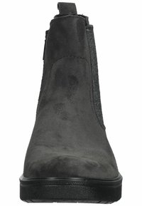Schwarze Wildlederstiefeletten mit elastischen Seitenpaneelen, strukturiertem Finish und glatter Gummisohle. Mit einer Schlaufe hinten für einfaches Anziehen.