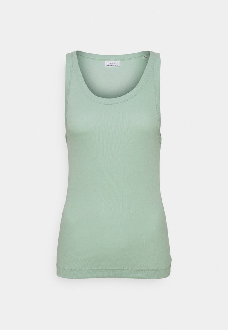 Světle zelený tílko vyrobené z hladké bavlněné látky. Má kulatý výstřih a bezrukávový design s klasickým lemem.