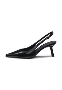 Black patent leather slingback heels with a pointed toe, slender heel, and adjustable strap featuring a circular accent. Smooth, shiny finish.