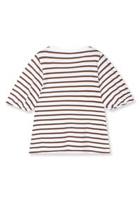 Haut à manches courtes rayé avec des rayures horizontales marron et blanches, doté d'une coupe décontractée et d'un tissu doux. Col rond simple.