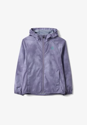 Hellviolette Kapuzenjacke mit Frontreißverschluss, elastischen Bündchen, Seitentaschen und dezentem Batikmuster vor weißem Hintergrund.