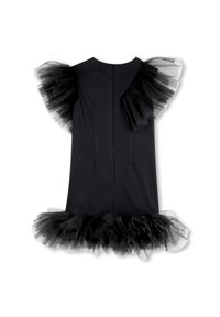 Juoda suknelė su tiulio raukiniais ant rankovių ir apačioje. Sukta liemens dalis ir nugaros užtrauktuku užsegama detalė patogiam dėvėjimui. Minkšta tekstilė.