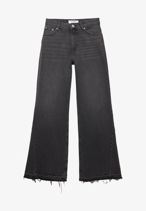 Jeans en denim noirs à jambe large avec taille haute, poches avant, fermeture à bouton et ourlets effilochés.