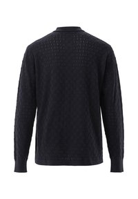 Dunkelblaues Langarmshirt mit einem strukturierten Wabenmuster, gestricktem Stoff und einem Polo-Kragen. Gerippte Bündchen und Saum.