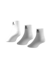 Three pairs of white cotton socks with ribbed cuffs and black Adidas logo on each. Smooth texture with a standard athletic cut.