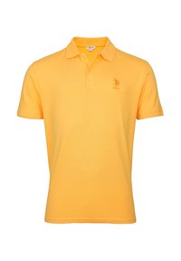 Rumena polo majica iz bombaža s klasičnim ovratnikom, kratkimi rokavi in majhnim izvezenim logotipom na prsih. Gladka tekstura.