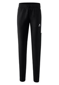Zwarte sportbroek met een taps toelopende pasvorm. Kenmerkt zich door een brede tailleband, een koordje en witte zijaccenten. Glad, textuurstof.