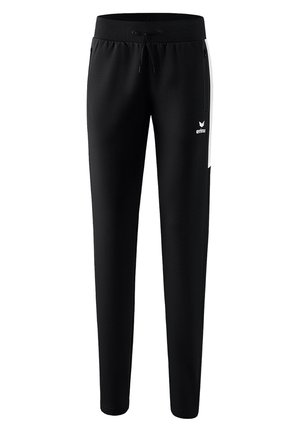 Zwarte sportbroek met een taps toelopende pasvorm. Kenmerkt zich door een brede tailleband, een koordje en witte zijaccenten. Glad, textuurstof.