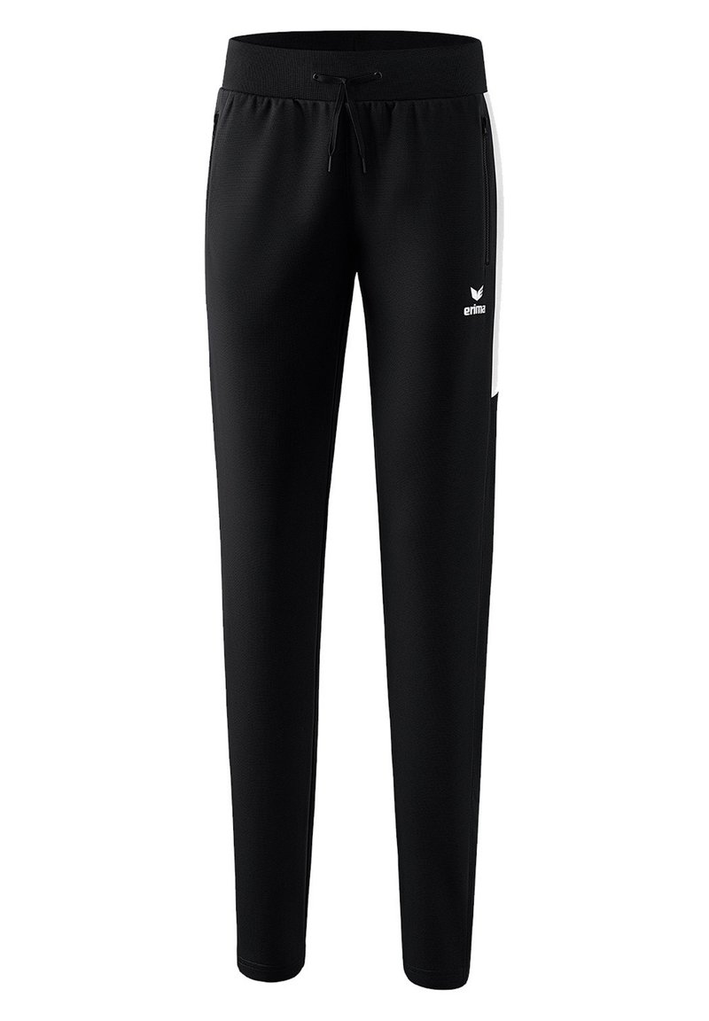 Zwarte sportbroek met een taps toelopende pasvorm. Kenmerkt zich door een brede tailleband, een koordje en witte zijaccenten. Glad, textuurstof.