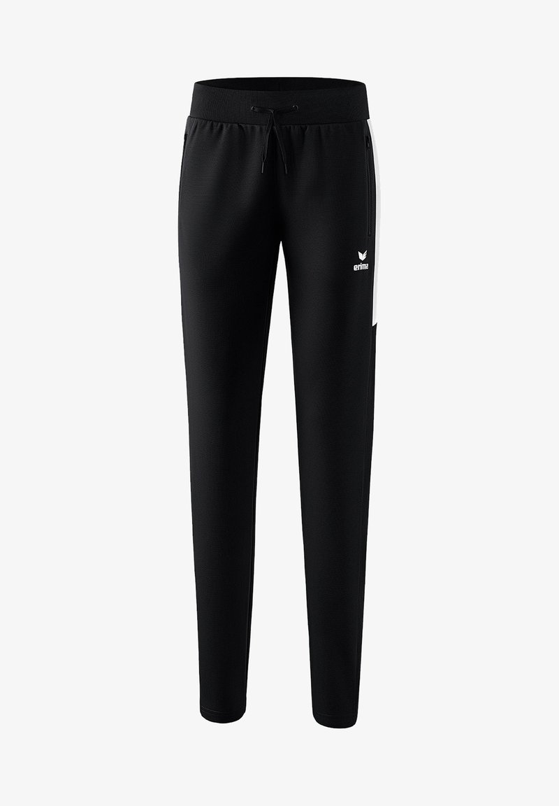 Schwarze Sporthose mit schmal zulaufendem Schnitt. Mit breitem Bund, Kordelzug und weißen Seitenakzenten. Glattes, strukturiertes Gewebe.