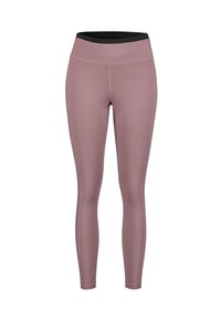 Leggings realizzati in un tessuto elastico e texturizzato di un rosa tenue, con una vita alta e un motivo discreto su tutta la superficie.