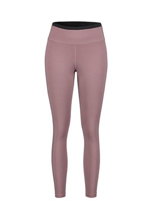 Leggings gemaakt van rekbare, gestructureerde stof in een gedempte roze kleur met een hoge tailleband en een subtiel patroon doorheen.